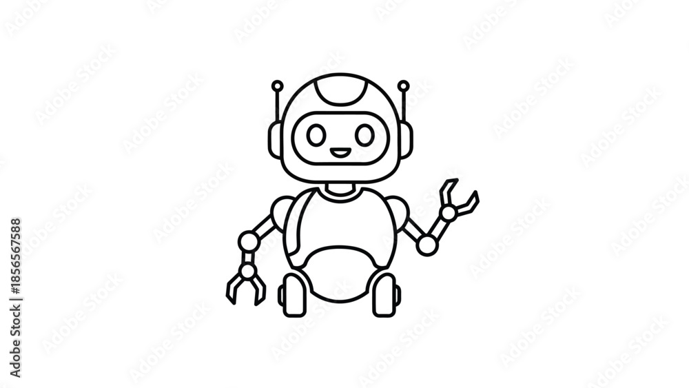 Fototapeta premium Cute simple line art drawing of a friendly little robot holding tools and ready for service