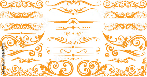 Vector set of fire flames and vintage design elements featuring floral ornaments and calligraphic swirls in a seamless retro style for decorative borders