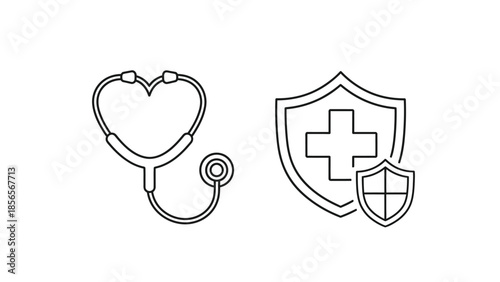 Black line art icons representing medical care and health protection symbolize insurance concepts clearly