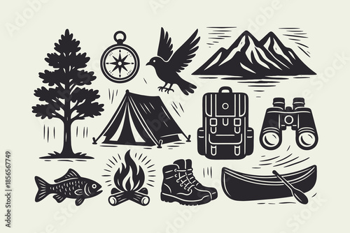 Vintage Hand-Drawn Outdoor Adventure and Camping Element Set in Woodcut Style