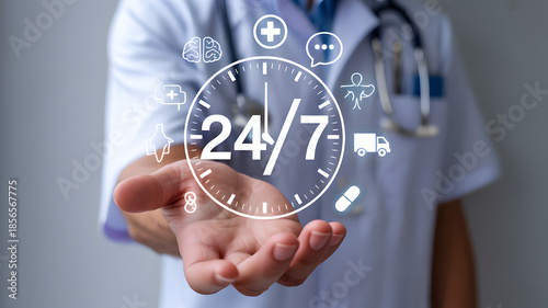 Medical Professional Holding 24/7 Service Icon Representing Round-the-Clock Patient Support and Care