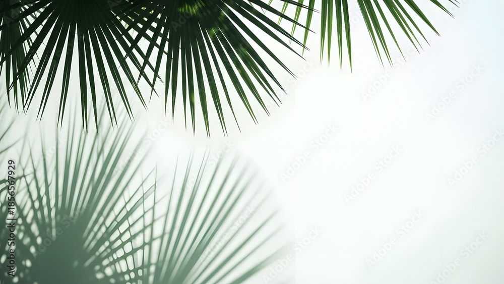 Obraz premium Palm tree leaves against a bright sunny sky with green foliage and tropical vibes