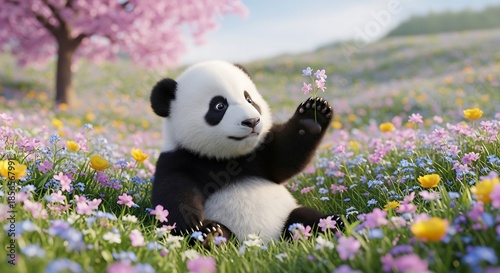 A cute endangered giant panda, a rare black and white mammal native to China, sits in the wild nature of Chengdu eating green bamboo leaves and stalks