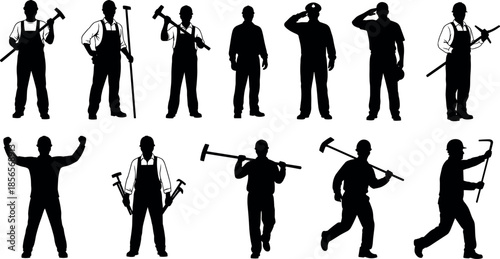 Black silhouettes of industrial workers, construction laborers, and service professionals holding tools, hammers, and wrenches in various poses for labor designs.