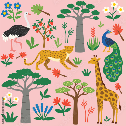 Flat African Jungle Animals & Plants Set