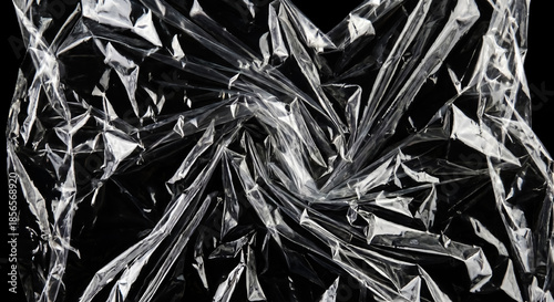 Transparent Plastic Wrap Texture Overlay with Stretched Wrinkles on Black Background