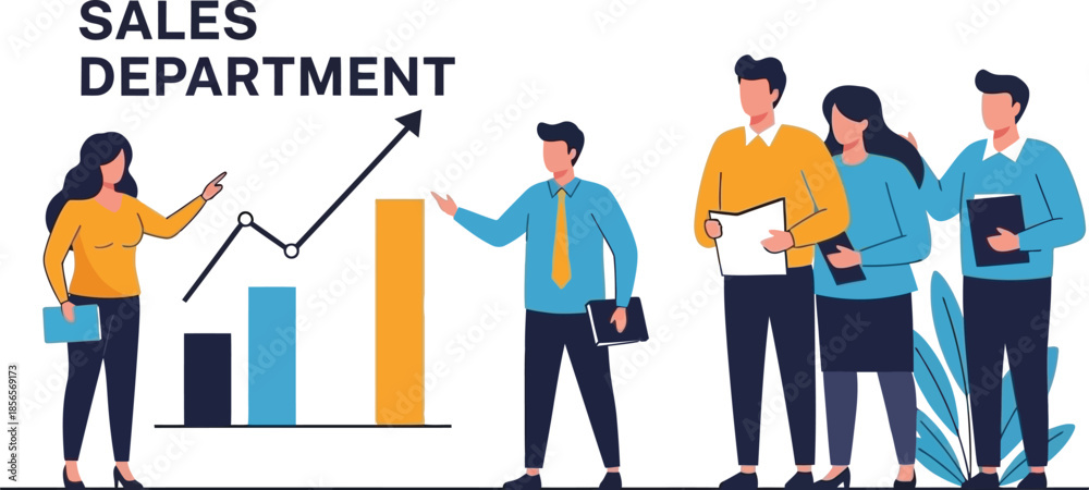 Fototapeta premium Sales department team members reviewing a growing bar chart with an upward trending line graph indicating positive business performance achievements
