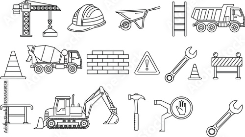 Construction Site Icons Set with Crane Excavator Truck Tools Hard Hat Safety Signs Brick Wall and Equipment for Building Industry