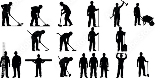 Construction Worker Silhouettes Set with Manual Laborers Using Tools Like Shovel Rake Wheelbarrow and Carrying Heavy Materials for Industrial Work