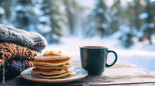 Cozy winter breakfast table with pancakes and hot drink
