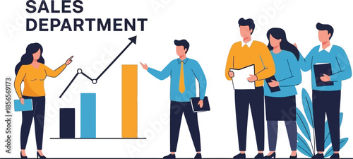 Sales department team members reviewing a growing bar chart with an upward trending line graph indicating positive business performance achievements