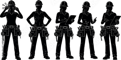 Set of Five Female Construction Worker Silhouettes Wearing Hard Hats and Tool Belts for Industrial Maintenance and Site Inspection Service