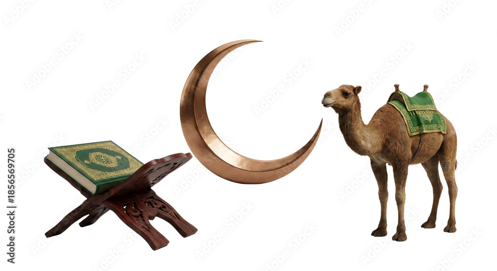 Fototapeta premium symbolic collection featuring crescent moon camel and Quran arranged on wooden stand isolated