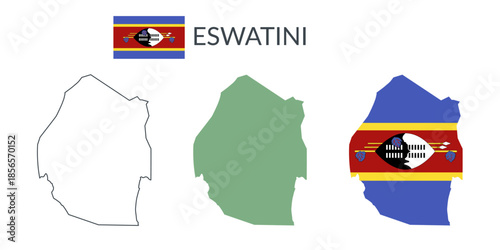 Eswatini geographical borders isolated on white background. Flag of Eswatini. Vector flat cliparts.