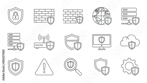 Set of outline icons representing various aspects of digital security data protection and network defense systems