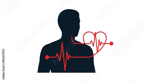 A dark silhouette of a man with a red heart rate line forming a heart shape on the right side of his chest on a white background