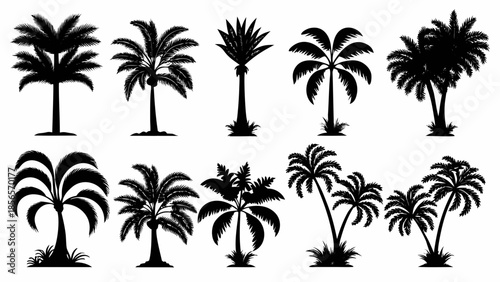 Black silhouettes of various palm trees on white background