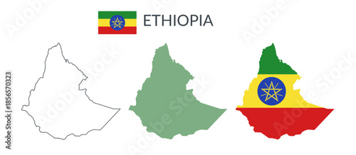 Ethiopia geographical borders isolated on white background. Flag of Ethiopia. Vector flat cliparts.