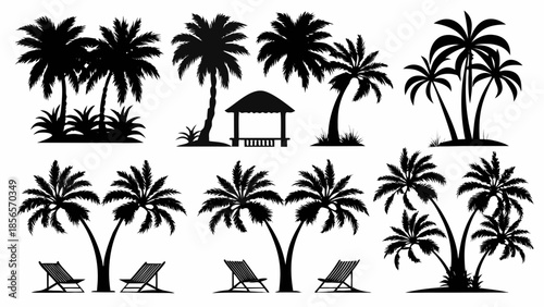 Tropical palm tree silhouettes with beach chairs and gazebo