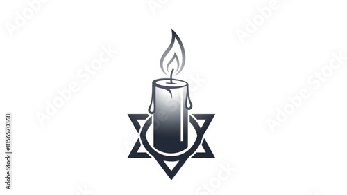 A gradient candle with melting wax and flame atop a star of david symbol on white background, representing faith, spirituality, and cultural