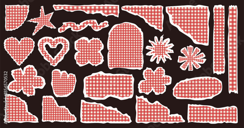 Whimsical torn paper shapes set with red gingham check pattern. Scrapbook collage elements. Labels, ribbons, flowers, hearts for crafts, journaling, stickers, vintage-inspired graphic design. Vector.