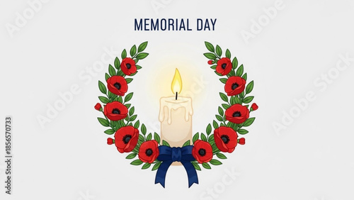 Memorial day wreath with poppies and candle, symbolizing remembrance and respect on a solemn occasion