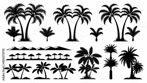 Black silhouettes of various palm trees and beach scenes