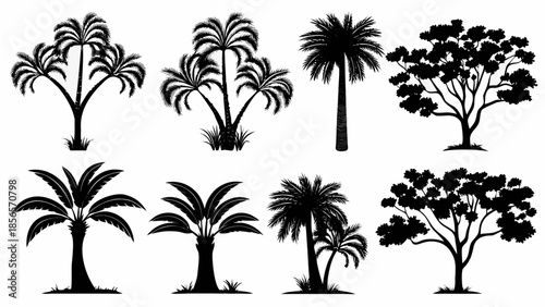 Collection of various palm trees and tropical plants in black silhouette