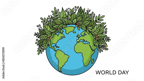 Earth with green leaves on top, world day concept illustration, environmental awareness symbol, eco friendly planet
