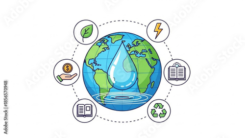 Sustainable earth concept with water droplet and eco friendly elements around globe