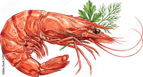 Detailed shrimp illustration with fresh herbs, realistic seafood vector artwork isolated on white background, culinary design concept for restaurant menus, packaging, and food branding
