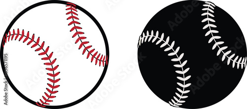 Stylized baseball illustrations featuring traditional white ball with red stitching and creative inverted black design for sports, branding, and creative projects