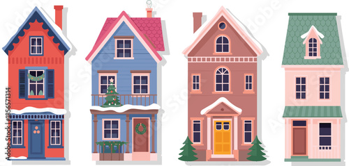 Festive winter house illustration set featuring cozy Christmas townhomes with snow, wreaths, and holiday decorations, charming seasonal architecture in colorful flat vector style