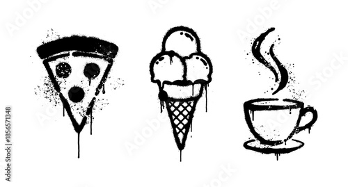 Set of spray paint graffiti street art icons food and drink