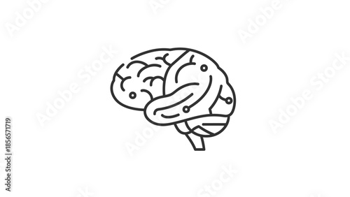 Simple line art icon depicting a stylized human brain with integrated circuit connections