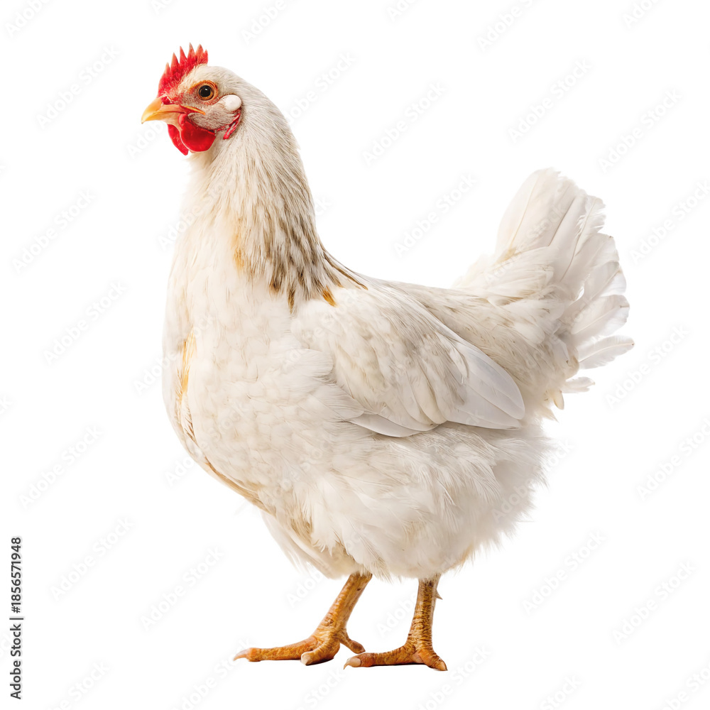 Fototapeta premium A single white hen stands in profile, facing left. isolated on transparent background