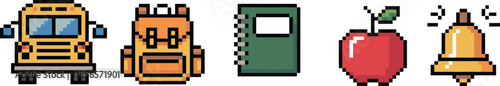 Pixel art back to school icon set featuring school bus, backpack, notebook, apple, and bell, retro 8 bit style education graphics for games and apps