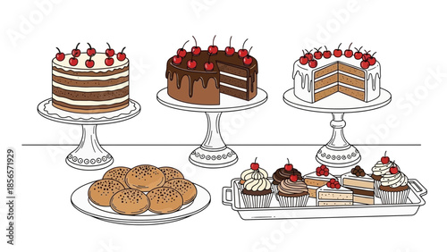 Dessert Cakes and Cupcakes Illustration – Bakery Sweets Display for Food & Pastry Design