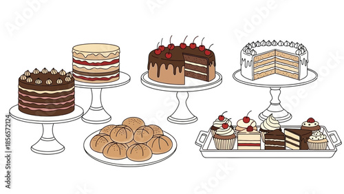 Dessert Cakes and Cupcakes Illustration – Bakery Sweets Display for Food & Pastry Design
