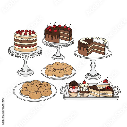 Dessert Cakes and Cupcakes Illustration – Bakery Sweets Display for Food & Pastry Design