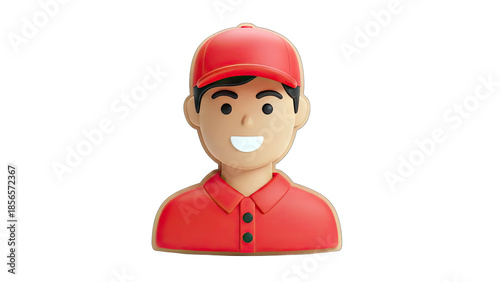 Smiling Delivery Man in Red Uniform on White Background