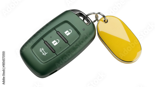 Fotografia Isolated modern smart car key with yellow keyring, remote fob with buttons, tech