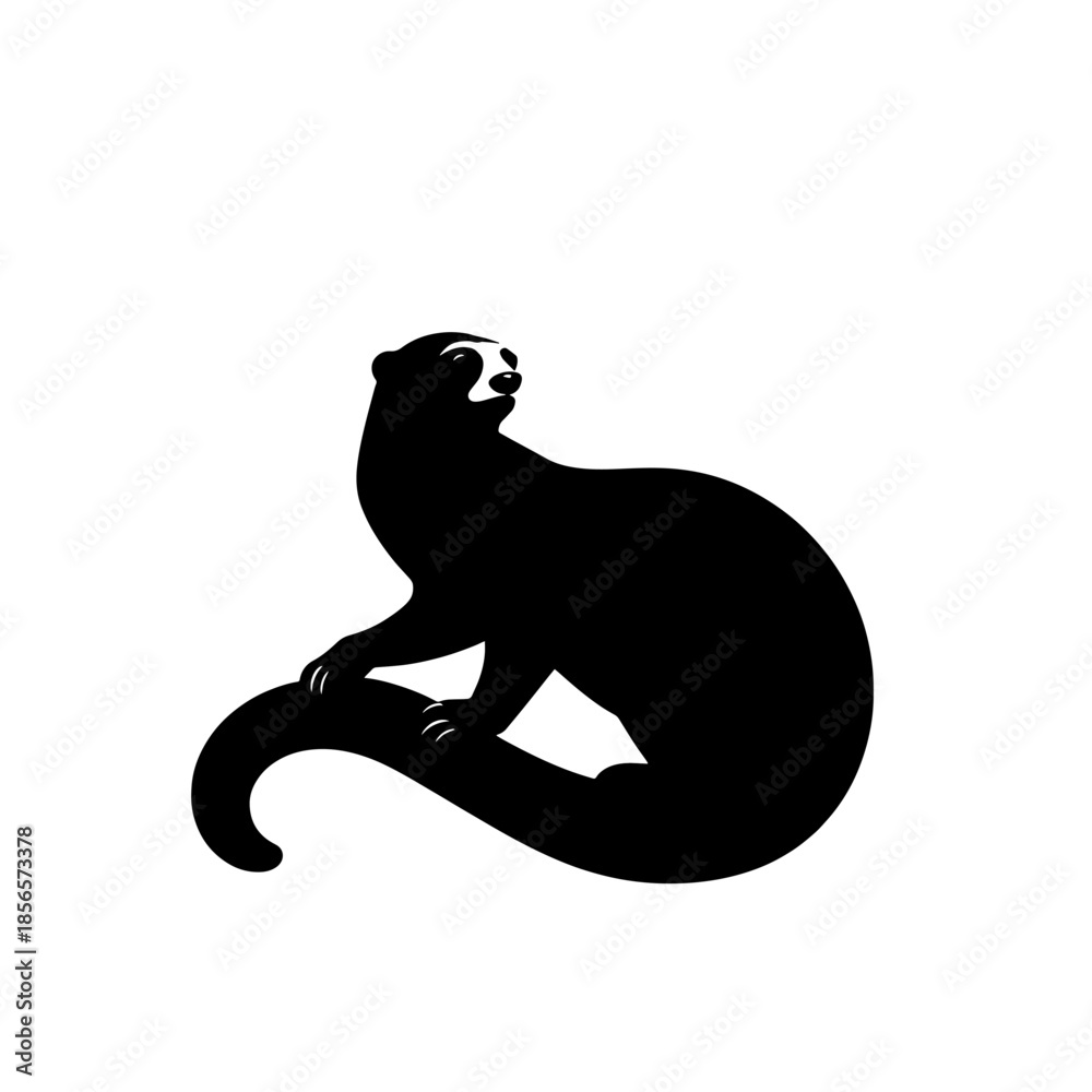 Obraz premium A stylized black and white illustration of a playful animal with a curved tail looking up.
