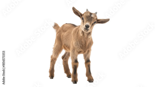 Photos Isolated young goat kid standing inquisitively in a pasture, looking at the came