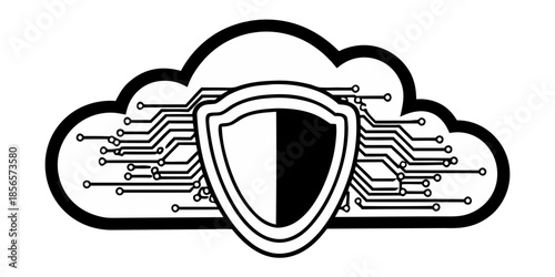 Cloud Security Icon with Shield Overlay and Digital Circuit Lines, Modern Vector Outline