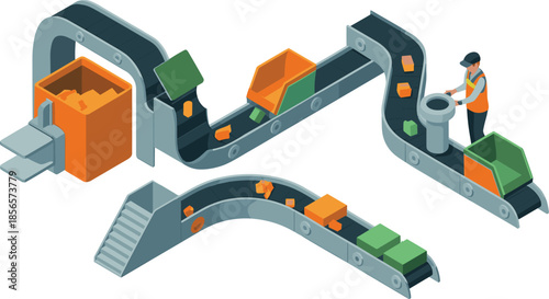 Isometric conveyor belt system illustration, industrial production line, factory automation, material handling, packaging process, manufacturing workflow, logistics concept