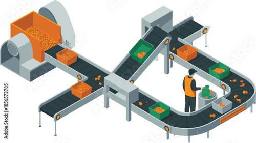 Isometric conveyor belt system illustration, industrial production line, factory automation, material handling, packaging process, manufacturing workflow, logistics concept