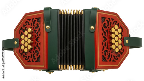 Tableau sur toile Isolated concertina squeezebox instrument with green hand straps, red bellows an