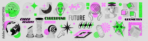 Retro futuristic element. Y2K cyberpunk sticker. Brutalism wireframe shapes. Techno object, acid forms. Tattoo design grunge. Stylized textured head, hands and columns. Vector geometric garish graphic