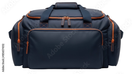 Photography Isolated navy-blue duffel bag or sports bag with orange accents on a neutral bac